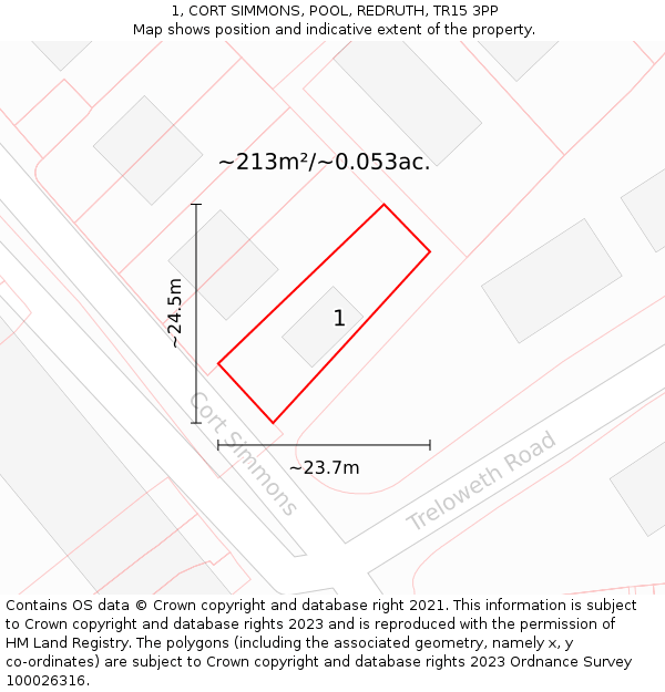 1, CORT SIMMONS, POOL, REDRUTH, TR15 3PP: Plot and title map