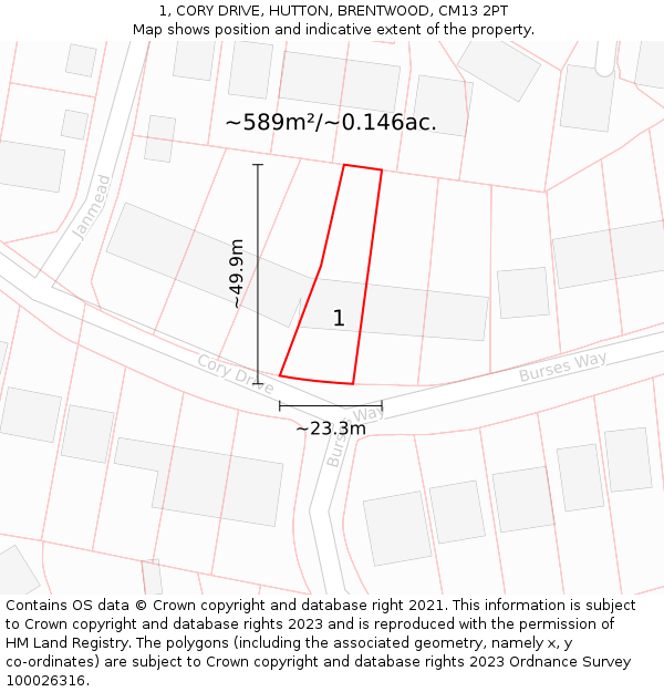 1, CORY DRIVE, HUTTON, BRENTWOOD, CM13 2PT: Plot and title map