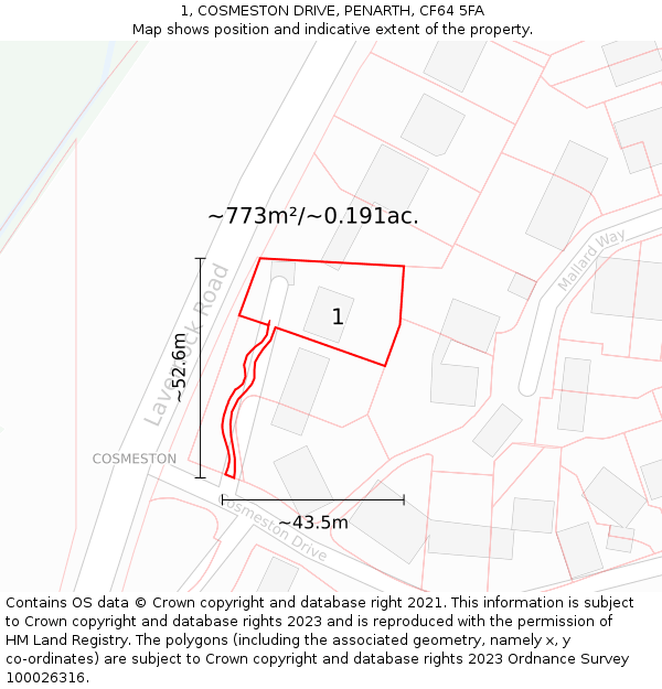 1, COSMESTON DRIVE, PENARTH, CF64 5FA: Plot and title map