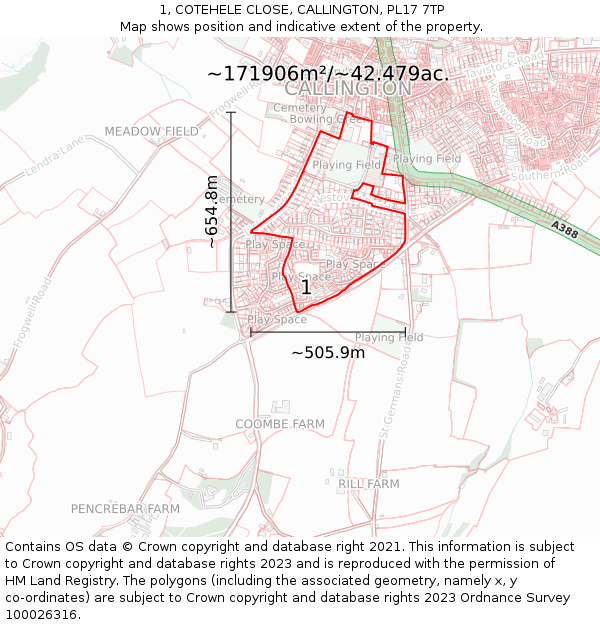 1, COTEHELE CLOSE, CALLINGTON, PL17 7TP: Plot and title map