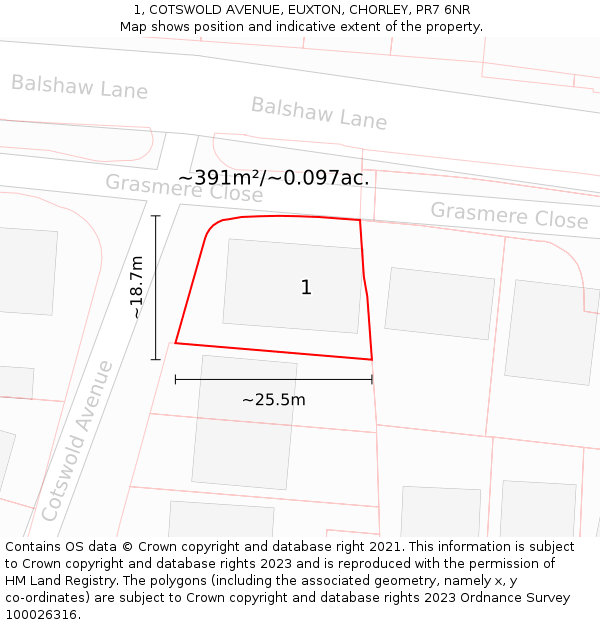 1, COTSWOLD AVENUE, EUXTON, CHORLEY, PR7 6NR: Plot and title map