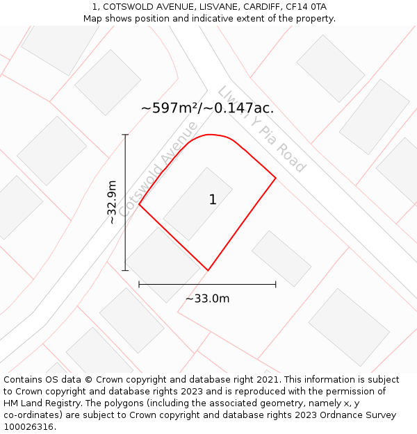 1, COTSWOLD AVENUE, LISVANE, CARDIFF, CF14 0TA: Plot and title map