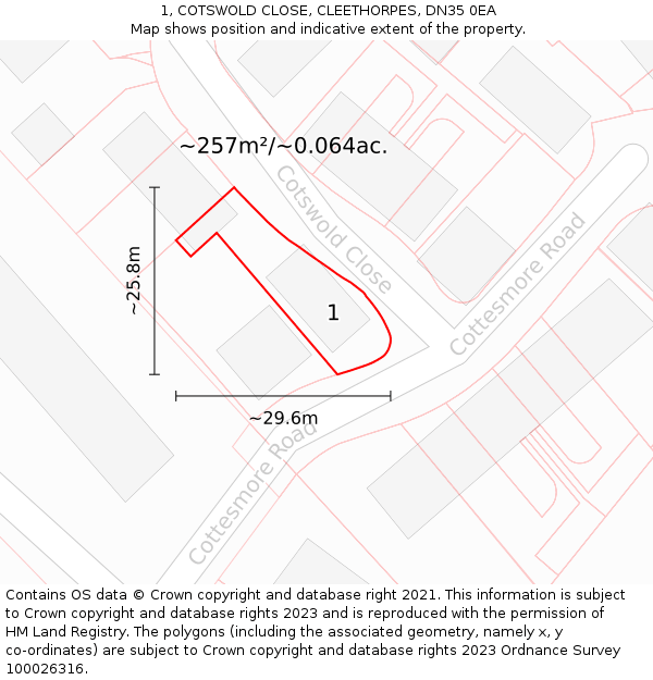 1, COTSWOLD CLOSE, CLEETHORPES, DN35 0EA: Plot and title map