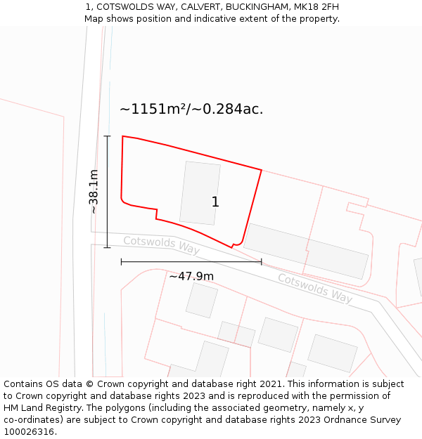 1, COTSWOLDS WAY, CALVERT, BUCKINGHAM, MK18 2FH: Plot and title map