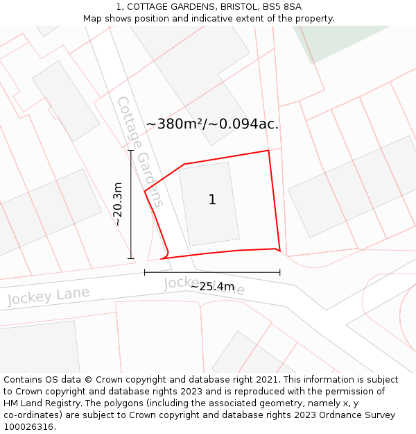 1, COTTAGE GARDENS, BRISTOL, BS5 8SA: Plot and title map