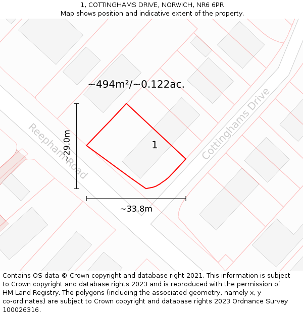 1, COTTINGHAMS DRIVE, NORWICH, NR6 6PR: Plot and title map
