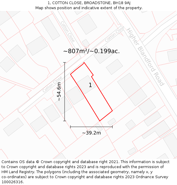 1, COTTON CLOSE, BROADSTONE, BH18 9AJ: Plot and title map