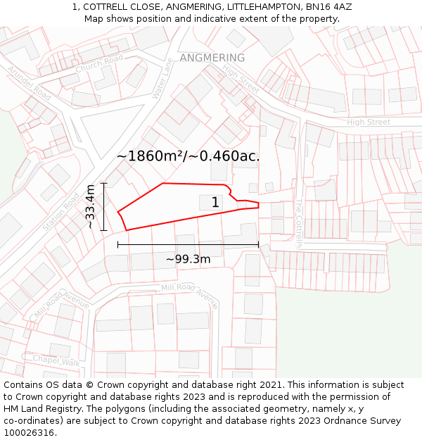 1, COTTRELL CLOSE, ANGMERING, LITTLEHAMPTON, BN16 4AZ: Plot and title map