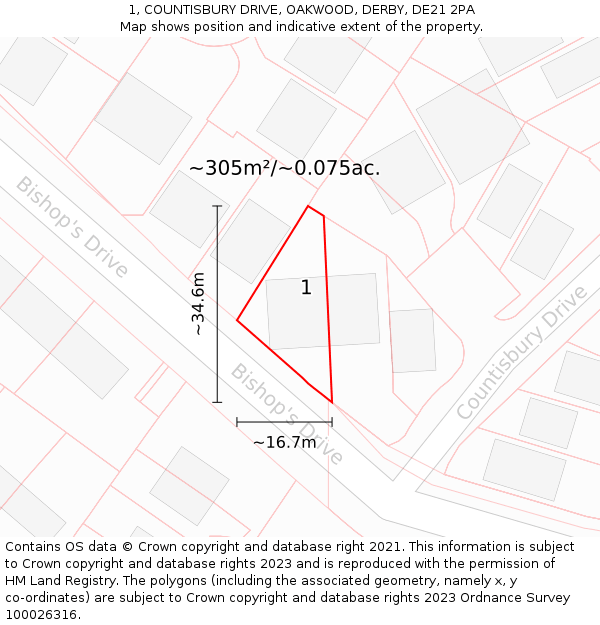 1, COUNTISBURY DRIVE, OAKWOOD, DERBY, DE21 2PA: Plot and title map