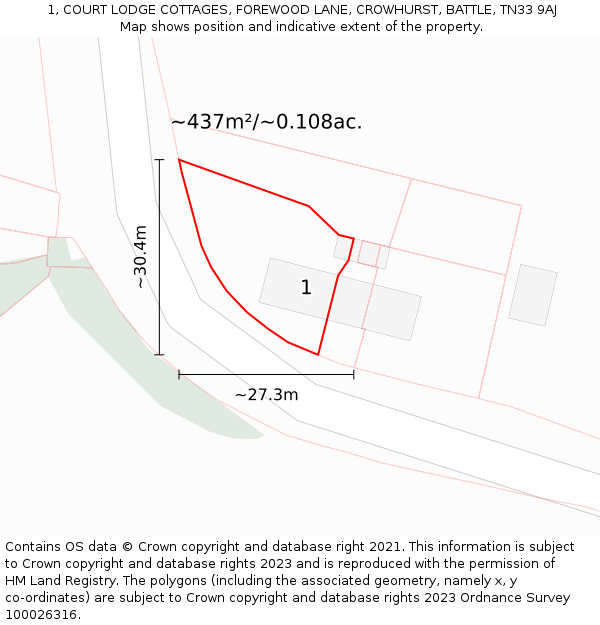 1, COURT LODGE COTTAGES, FOREWOOD LANE, CROWHURST, BATTLE, TN33 9AJ: Plot and title map