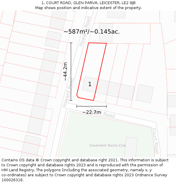 1, COURT ROAD, GLEN PARVA, LEICESTER, LE2 9JB: Plot and title map