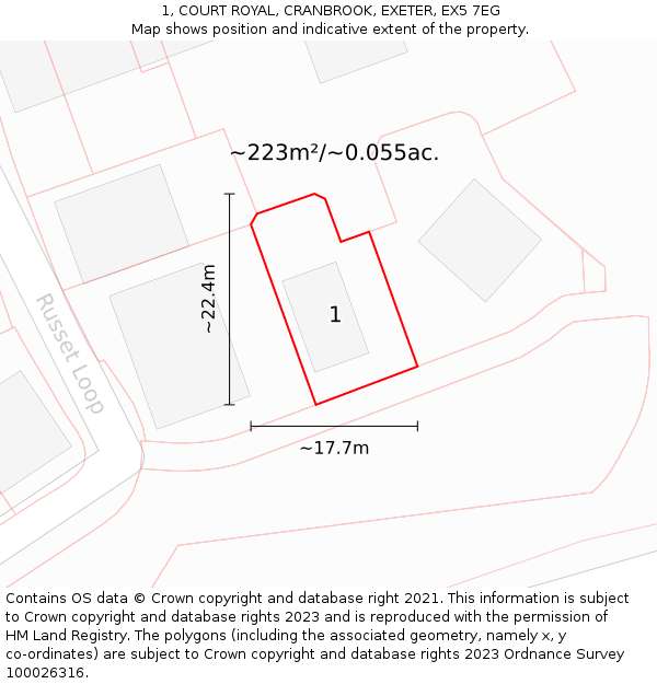 1, COURT ROYAL, CRANBROOK, EXETER, EX5 7EG: Plot and title map