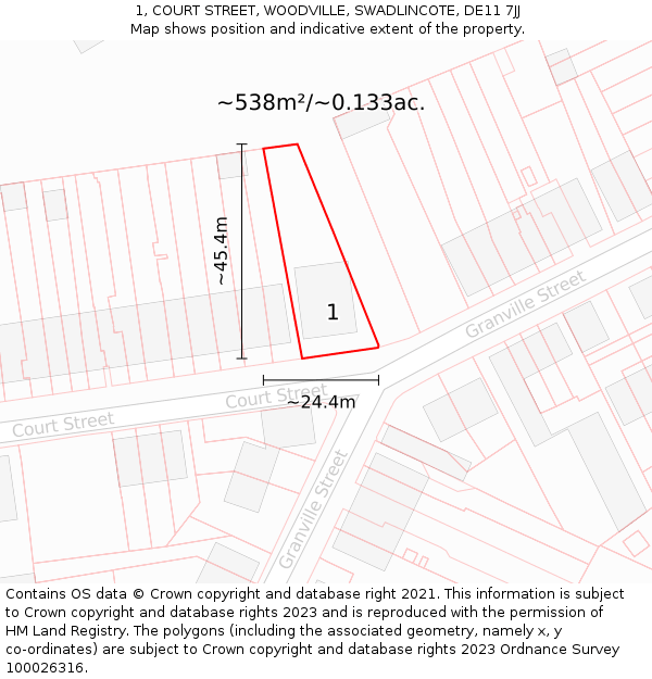 1, COURT STREET, WOODVILLE, SWADLINCOTE, DE11 7JJ: Plot and title map