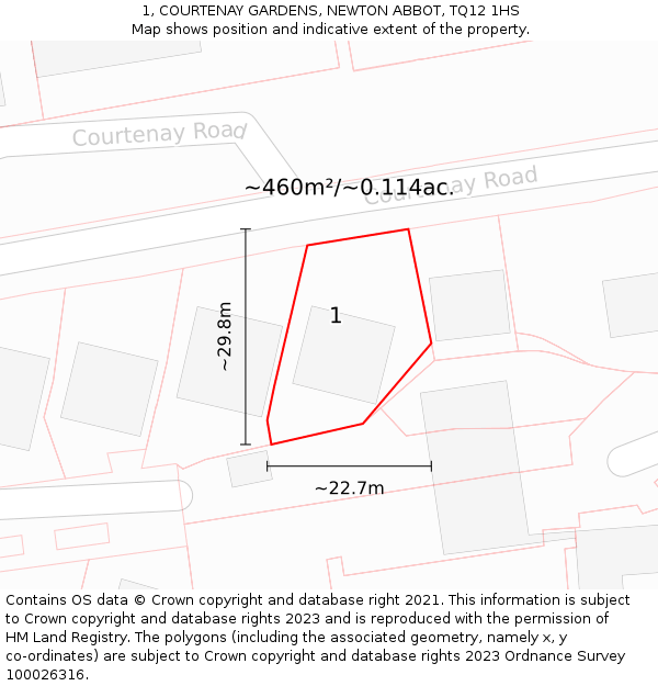 1, COURTENAY GARDENS, NEWTON ABBOT, TQ12 1HS: Plot and title map
