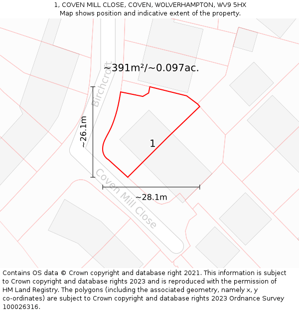 1, COVEN MILL CLOSE, COVEN, WOLVERHAMPTON, WV9 5HX: Plot and title map