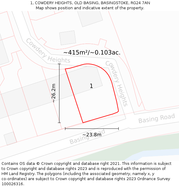 1, COWDERY HEIGHTS, OLD BASING, BASINGSTOKE, RG24 7AN: Plot and title map
