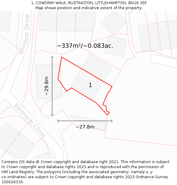 1, COWDRAY WALK, RUSTINGTON, LITTLEHAMPTON, BN16 3SF: Plot and title map