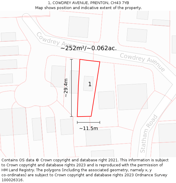 1, COWDREY AVENUE, PRENTON, CH43 7YB: Plot and title map