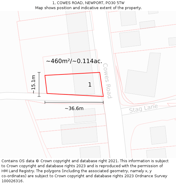 1, COWES ROAD, NEWPORT, PO30 5TW: Plot and title map