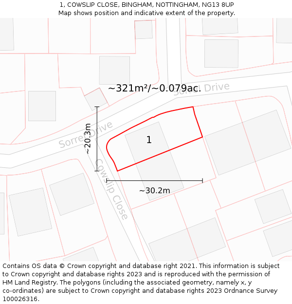 1, COWSLIP CLOSE, BINGHAM, NOTTINGHAM, NG13 8UP: Plot and title map