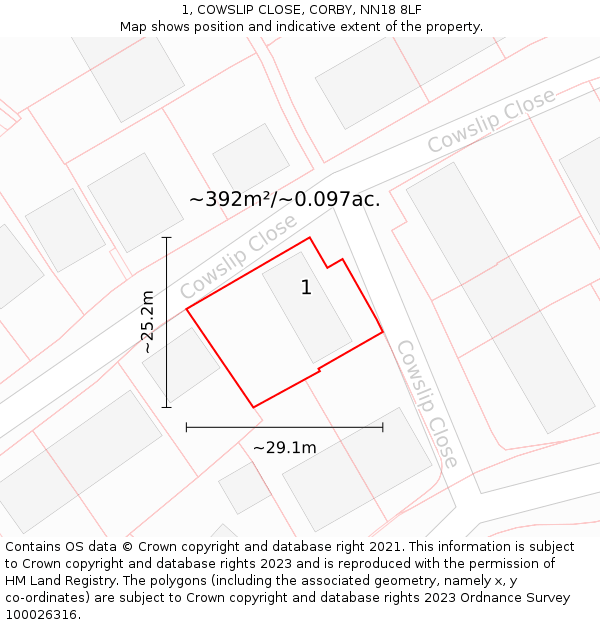 1, COWSLIP CLOSE, CORBY, NN18 8LF: Plot and title map
