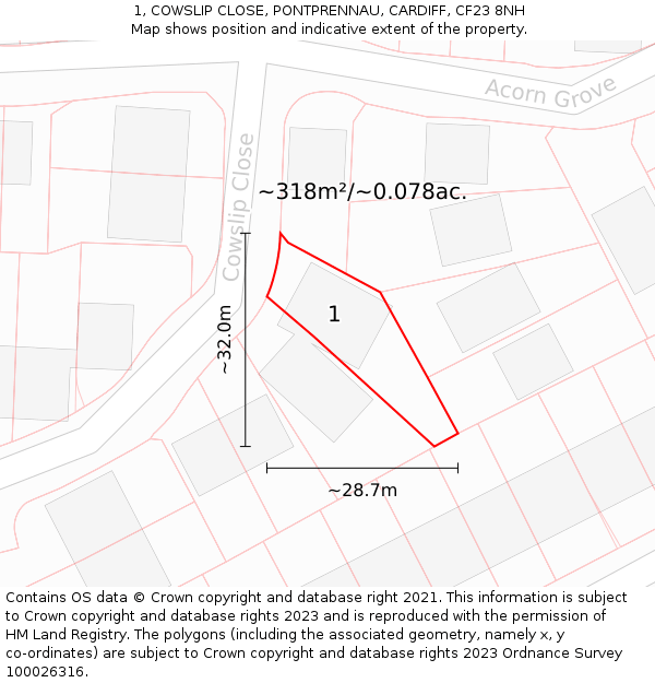 1, COWSLIP CLOSE, PONTPRENNAU, CARDIFF, CF23 8NH: Plot and title map