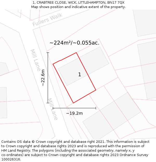1, CRABTREE CLOSE, WICK, LITTLEHAMPTON, BN17 7QX: Plot and title map