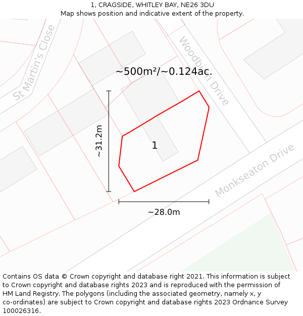 1, CRAGSIDE, WHITLEY BAY, NE26 3DU: Plot and title map