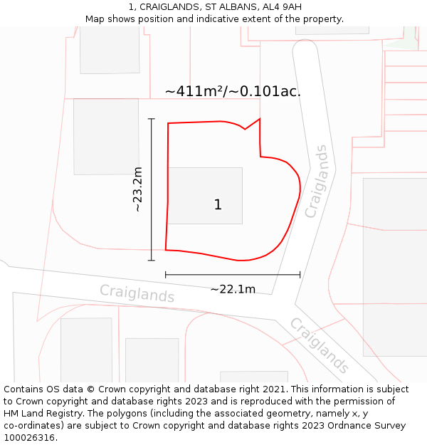 1, CRAIGLANDS, ST ALBANS, AL4 9AH: Plot and title map