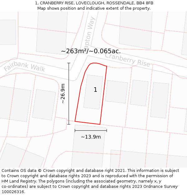 1, CRANBERRY RISE, LOVECLOUGH, ROSSENDALE, BB4 8FB: Plot and title map