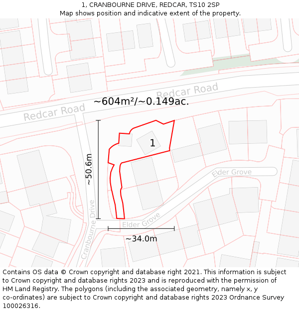 1, CRANBOURNE DRIVE, REDCAR, TS10 2SP: Plot and title map