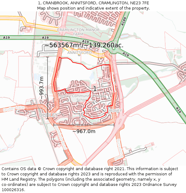 1, CRANBROOK, ANNITSFORD, CRAMLINGTON, NE23 7FE: Plot and title map