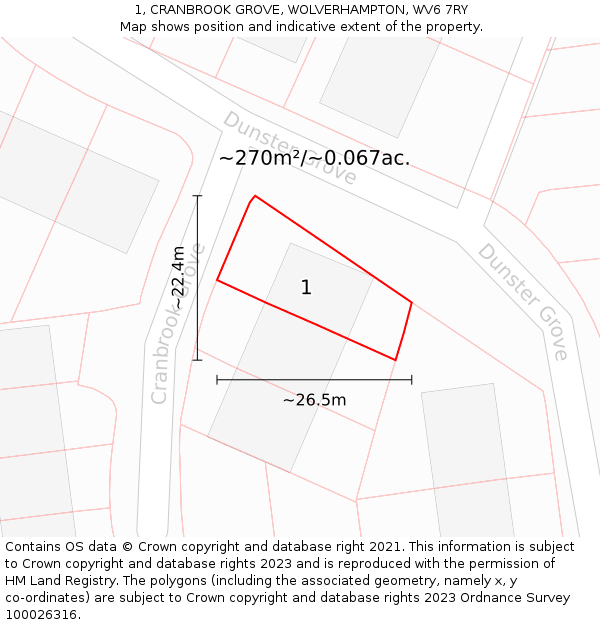 1, CRANBROOK GROVE, WOLVERHAMPTON, WV6 7RY: Plot and title map