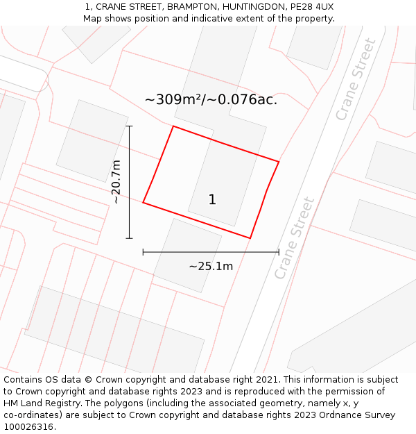 1, CRANE STREET, BRAMPTON, HUNTINGDON, PE28 4UX: Plot and title map