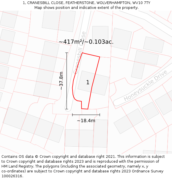 1, CRANESBILL CLOSE, FEATHERSTONE, WOLVERHAMPTON, WV10 7TY: Plot and title map
