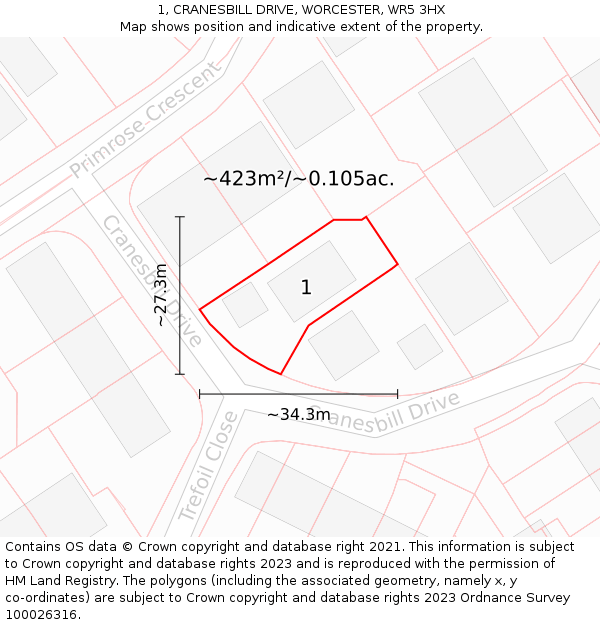 1, CRANESBILL DRIVE, WORCESTER, WR5 3HX: Plot and title map