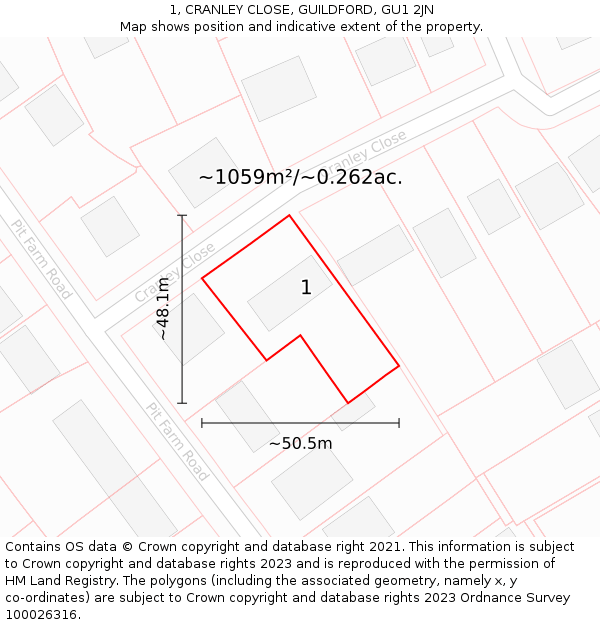 1, CRANLEY CLOSE, GUILDFORD, GU1 2JN: Plot and title map