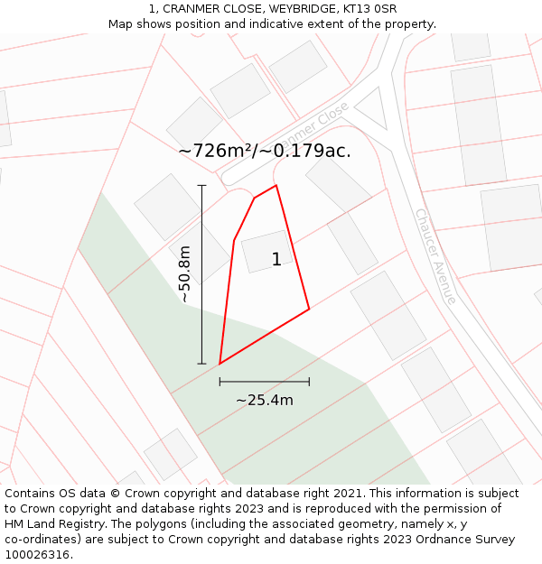 1, CRANMER CLOSE, WEYBRIDGE, KT13 0SR: Plot and title map