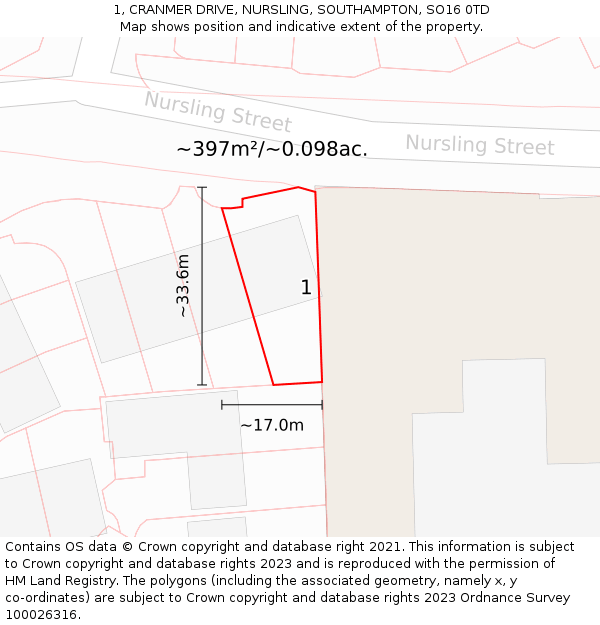 1, CRANMER DRIVE, NURSLING, SOUTHAMPTON, SO16 0TD: Plot and title map