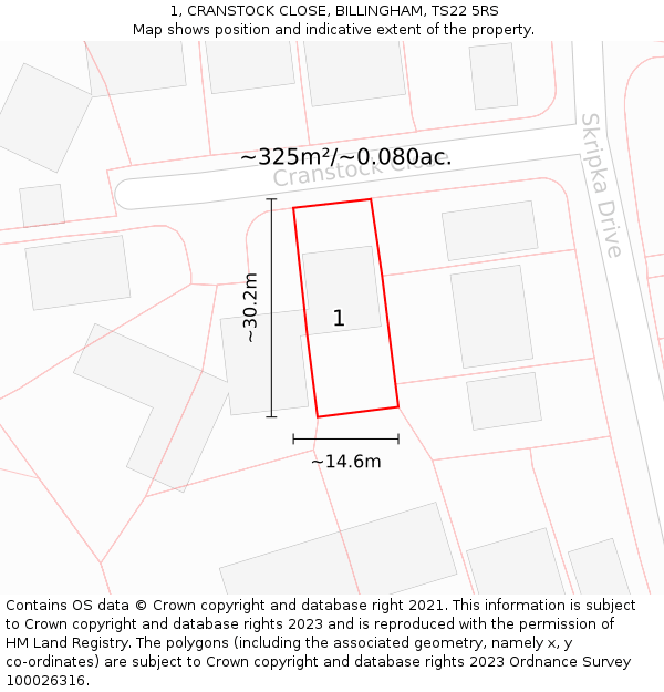 1, CRANSTOCK CLOSE, BILLINGHAM, TS22 5RS: Plot and title map
