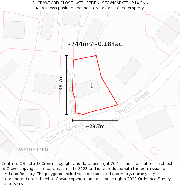 1, CRAWFORD CLOSE, WETHERDEN, STOWMARKET, IP14 3NN: Plot and title map