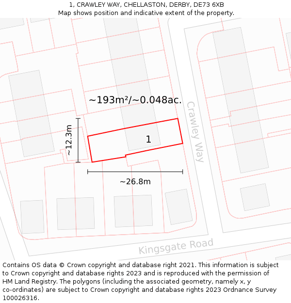 1, CRAWLEY WAY, CHELLASTON, DERBY, DE73 6XB: Plot and title map
