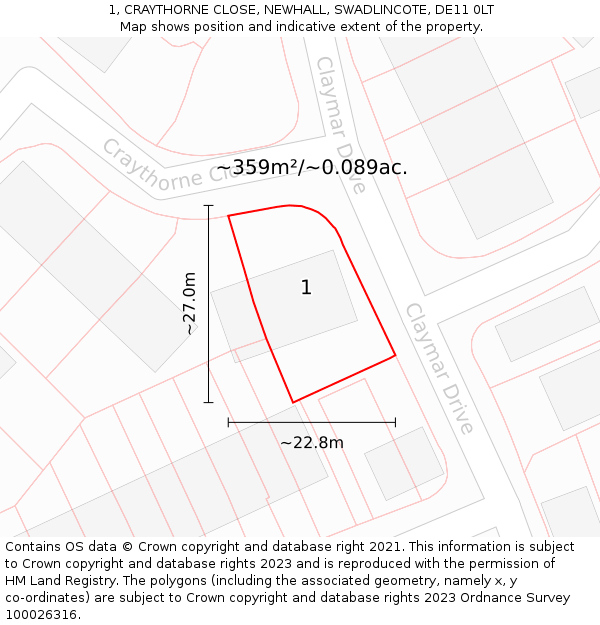 1, CRAYTHORNE CLOSE, NEWHALL, SWADLINCOTE, DE11 0LT: Plot and title map