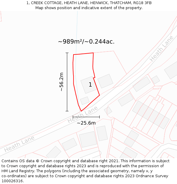 1, CREEK COTTAGE, HEATH LANE, HENWICK, THATCHAM, RG18 3FB: Plot and title map