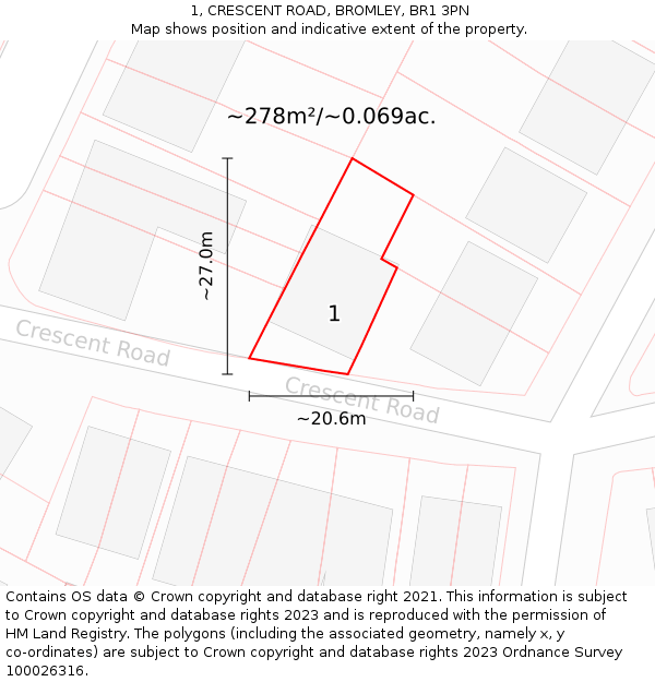 1, CRESCENT ROAD, BROMLEY, BR1 3PN: Plot and title map
