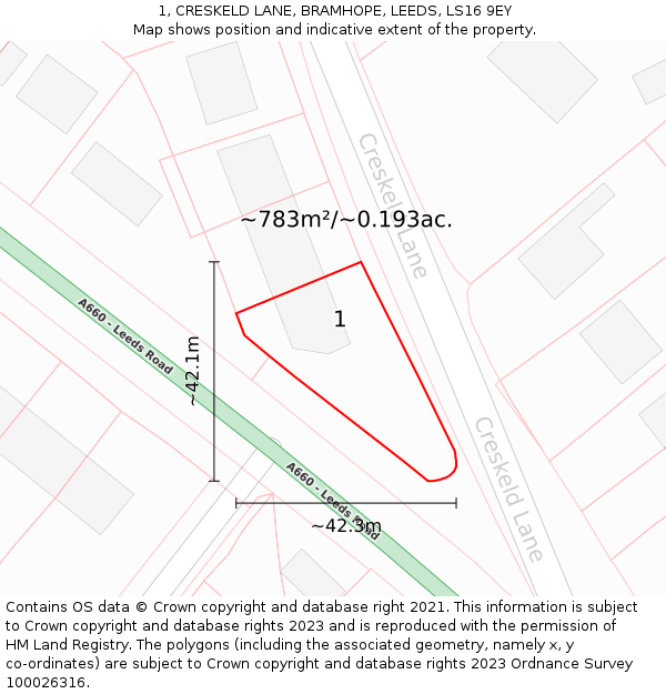 1, CRESKELD LANE, BRAMHOPE, LEEDS, LS16 9EY: Plot and title map