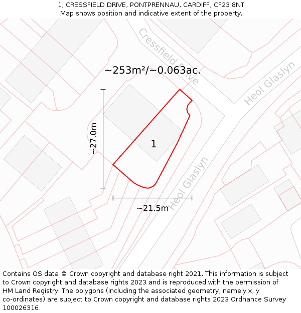 1, CRESSFIELD DRIVE, PONTPRENNAU, CARDIFF, CF23 8NT: Plot and title map