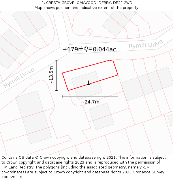 1, CRESTA GROVE, OAKWOOD, DERBY, DE21 2WD: Plot and title map