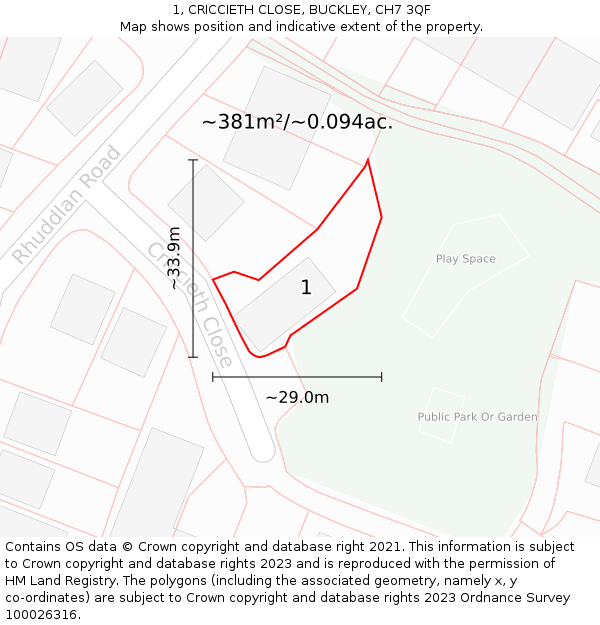 1, CRICCIETH CLOSE, BUCKLEY, CH7 3QF: Plot and title map