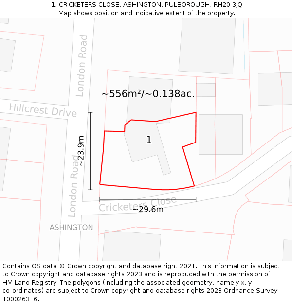 1, CRICKETERS CLOSE, ASHINGTON, PULBOROUGH, RH20 3JQ: Plot and title map